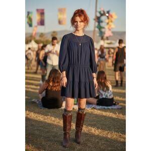 Joie XXS Dark Blue Cotton Silk Dress Balloon Sleeves Flounce Hem Lined Boho Fun